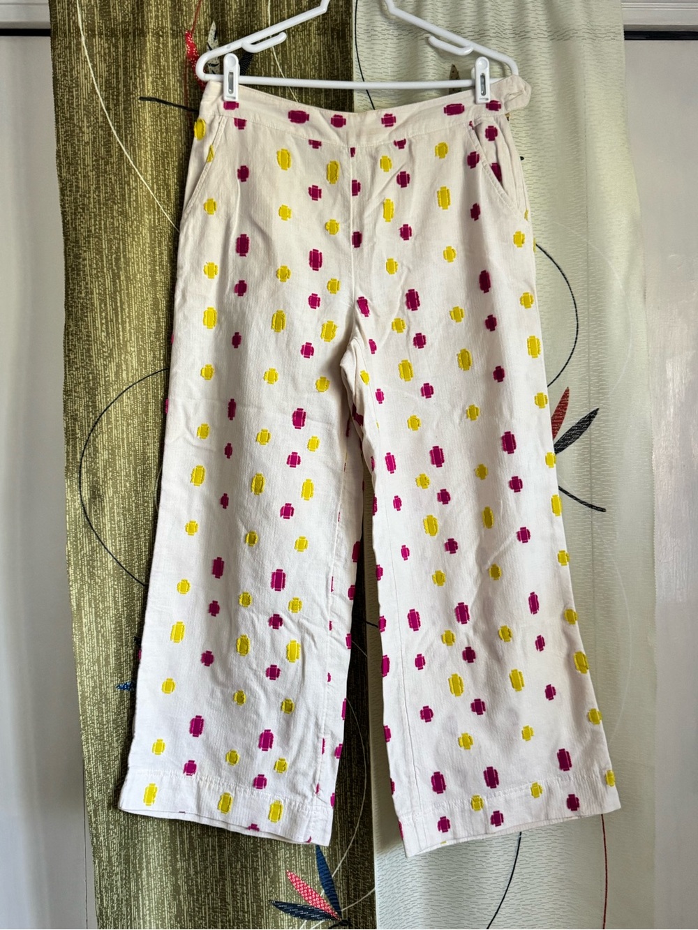 Anthropologie Talese White Polka Dot Wide-Leg Pants - Pink & Yellow - Sz 6